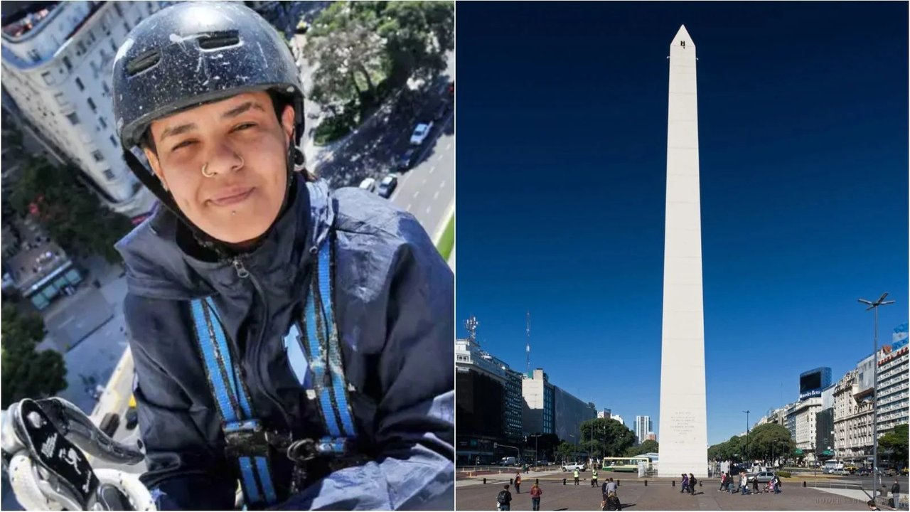 Por primera vez, una mujer se cuelga a 67 metros de altura para pintar el obelisco